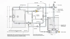 Schemat instalacji co z buforem i pompą ciepła